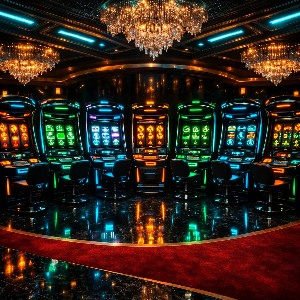 Premium gokkast met gloeiende symbolen in een Nederlandse casino-omgeving