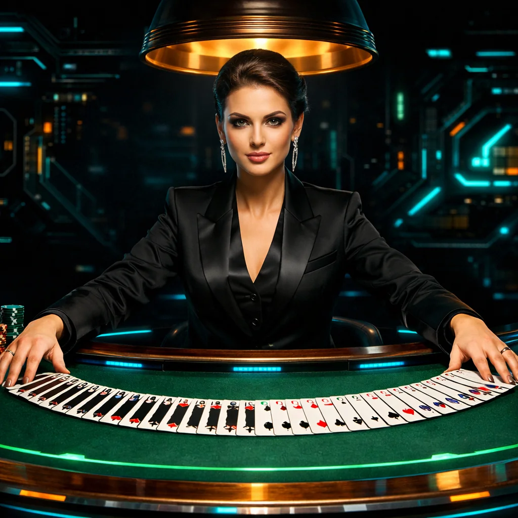 Waaiervormig uitgespreide speelkaarten op een casinotafel met cyaan gloed